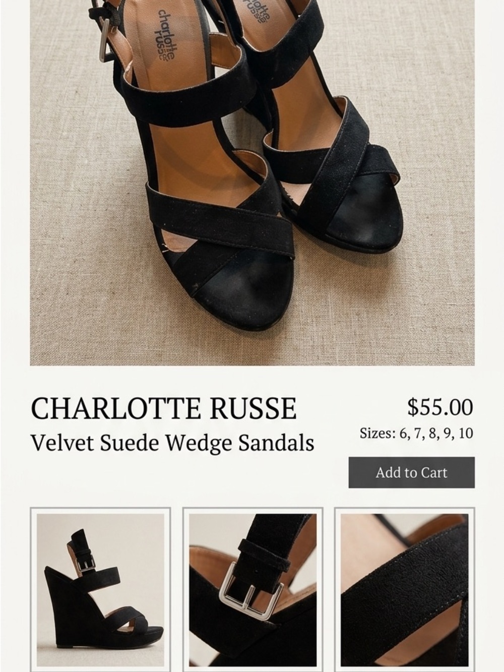 Charlotte Russe Black Velvet Suede Wedge Sandals